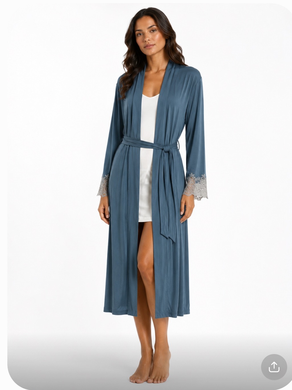 NATORI Women's Blue Solid Lace Trim Belted Tie Robe V-Neck Long Sleeve XL